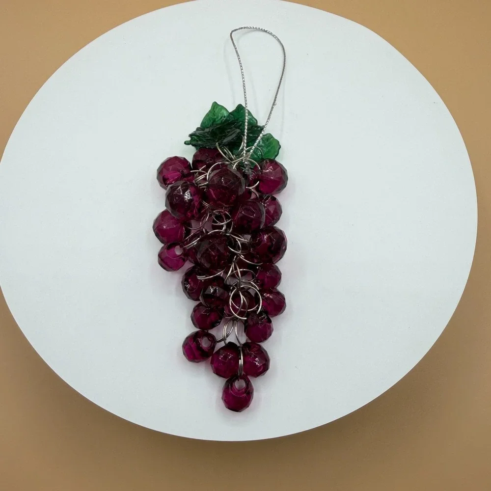 Grape Cluster Ornament Faceted Acrylic Beads Green Leaves Hanging Decor